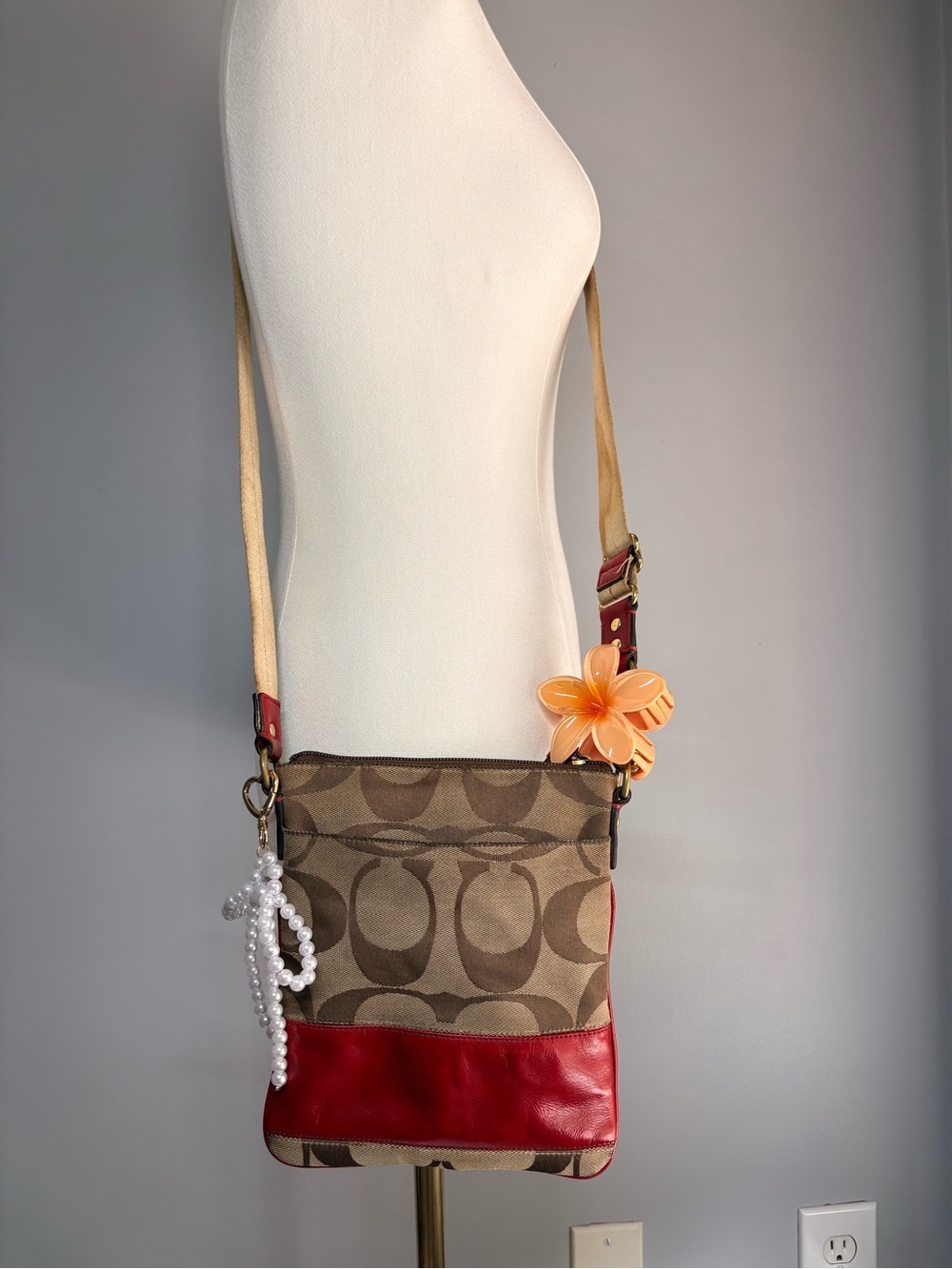 Coach Y2K Signature Canvas Crossbody Bag with Red Leather Trim
